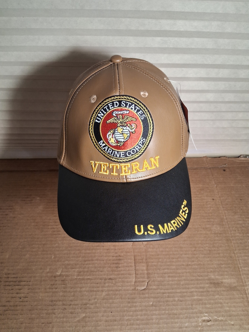 U.S. Marines Veteran Tan and Black Polyurathane Leather Baseball Cap-Adult-